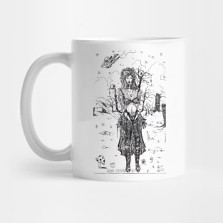 Pen drawing/ line art. Female warrior figure. Detailed cross-hatching. Mug